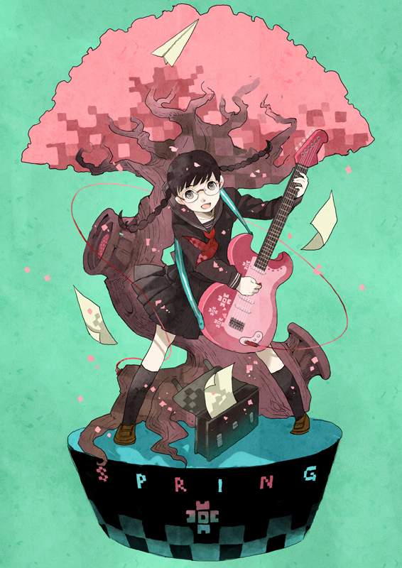 kotetsu (popeethe), original, bad id, bad pixiv id, bag, black hair, braid, brown eyes, cherry blossoms, glasses, guitar, instrument, kneehighs, paper airplane, papers, school bag, school uniform, socks, solo, tree, twin braids, wind