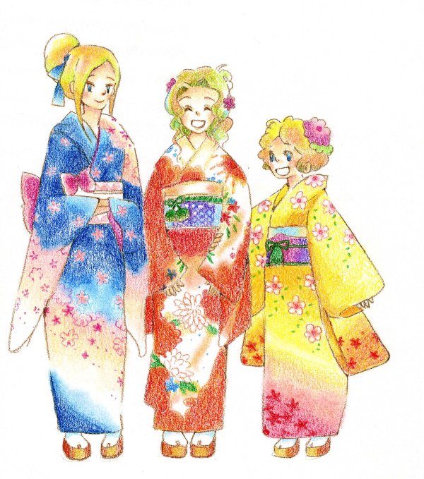 terryterry, celes chere, relm arrowny, tina branford, final fantasy, final fantasy vi, 1990s (style), blonde hair, blue eyes, closed eyes, green hair, hair ribbon, hair up, japanese clothes, kimono, open mouth, ribbon, sandals, short hair, smile