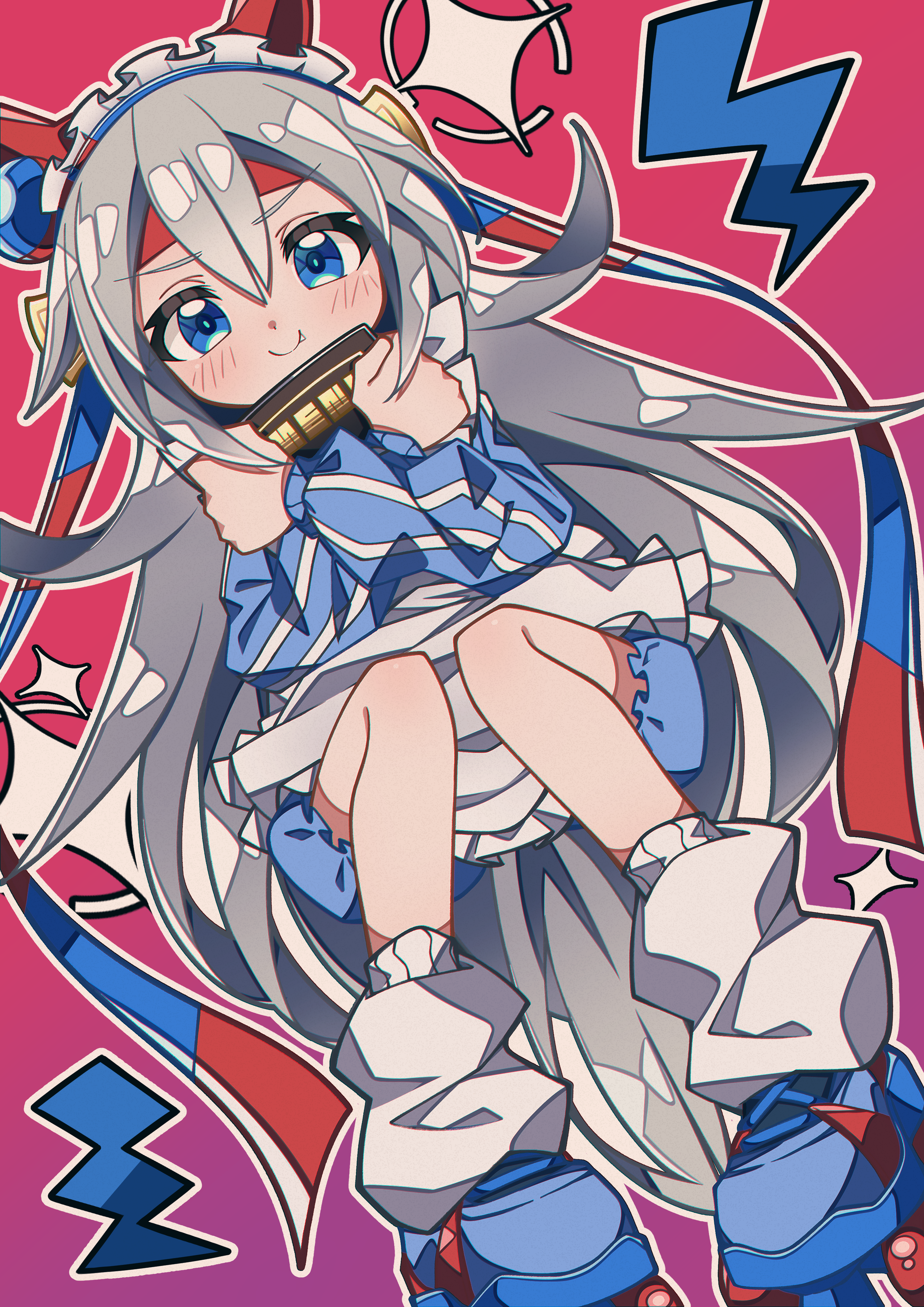 crutch elbow, tamamo cross (umamusume), umamusume, umamusume: cinderella gray, absurdres, highres, 1girl, animal ears, blue eyes, blue hairband, blush, bow, ear bow, ear covers, ear ornament, fang, grey hair, grey tail, hair between eyes, hairband, headband, horse ears, horse girl, horse tail, long hair, long sleeves, maid, open mouth, red headband, school uniform, shirt, smile, solo, striped clothes, striped hairband, tail, tracen school uniform, very long hair