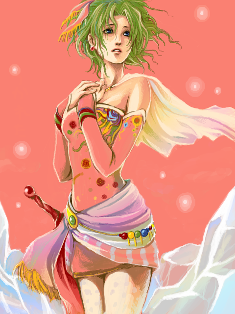 xx juju xx, tina branford, final fantasy, final fantasy vi, bad id, bad pixiv id, 1990s (style), 1girl, blue eyes, cape, dress, female focus, green hair, pantyhose, sad, solo