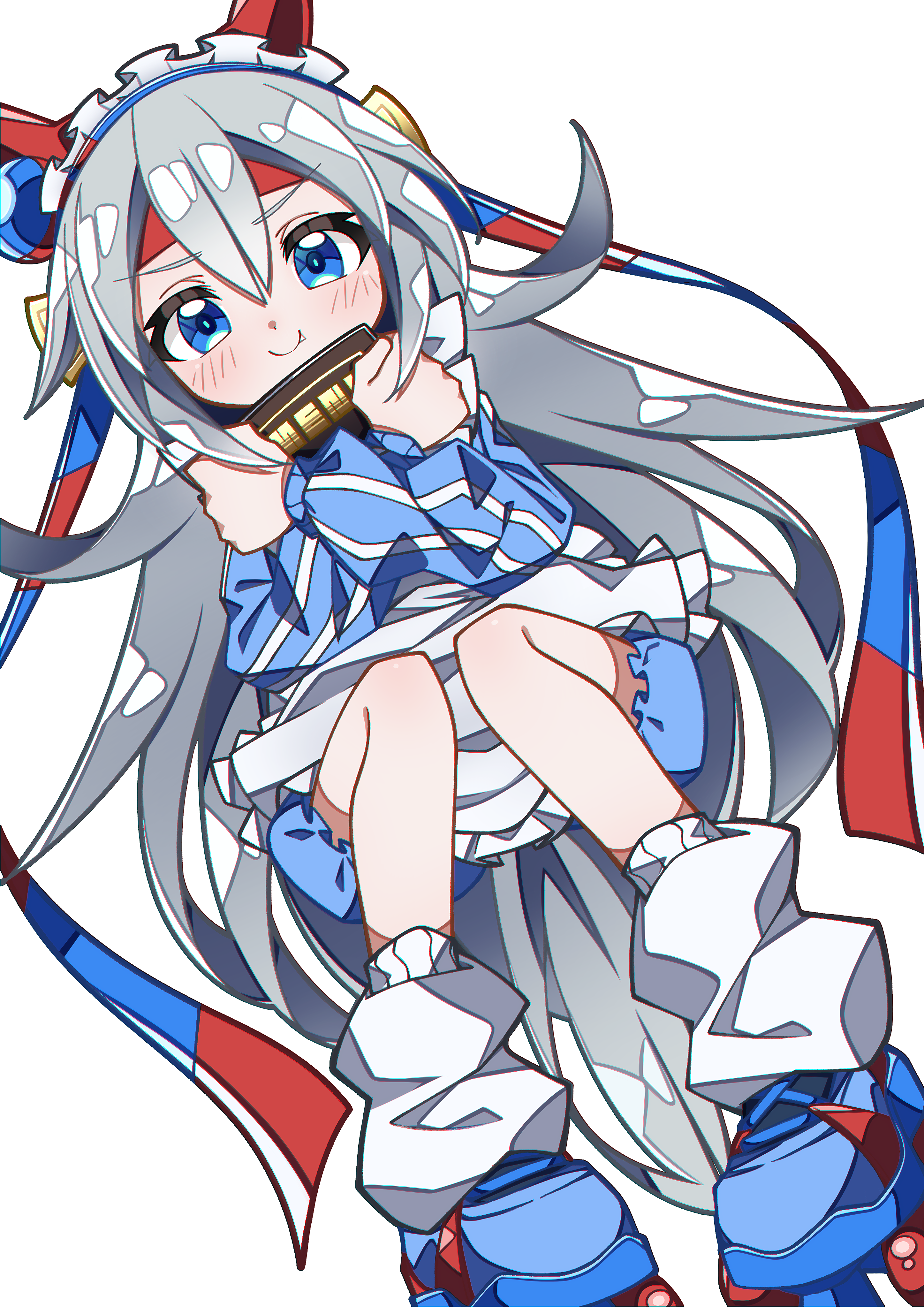 crutch elbow, tamamo cross (umamusume), umamusume, umamusume: cinderella gray, absurdres, highres, 1girl, animal ears, blue eyes, blue hairband, blush, bow, ear bow, ear covers, ear ornament, fang, grey hair, grey tail, hair between eyes, hairband, headband, horse ears, horse girl, horse tail, long hair, long sleeves, maid, open mouth, red headband, school uniform, shirt, smile, solo, striped clothes, striped hairband, tail, tracen school uniform, very long hair