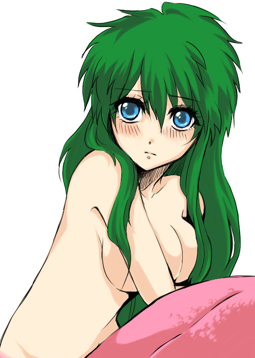 kca, mugi no yae, yae (ganbare goemon), ganbare goemon, bad id, bad pixiv id, 1girl, blue eyes, blush, breasts, completely nude, covering breasts, covering privates, expressionless, female focus, green hair, large breasts, long hair, looking at viewer, mermaid, monster girl, nude, scales, simple background, sitting, solo, white background