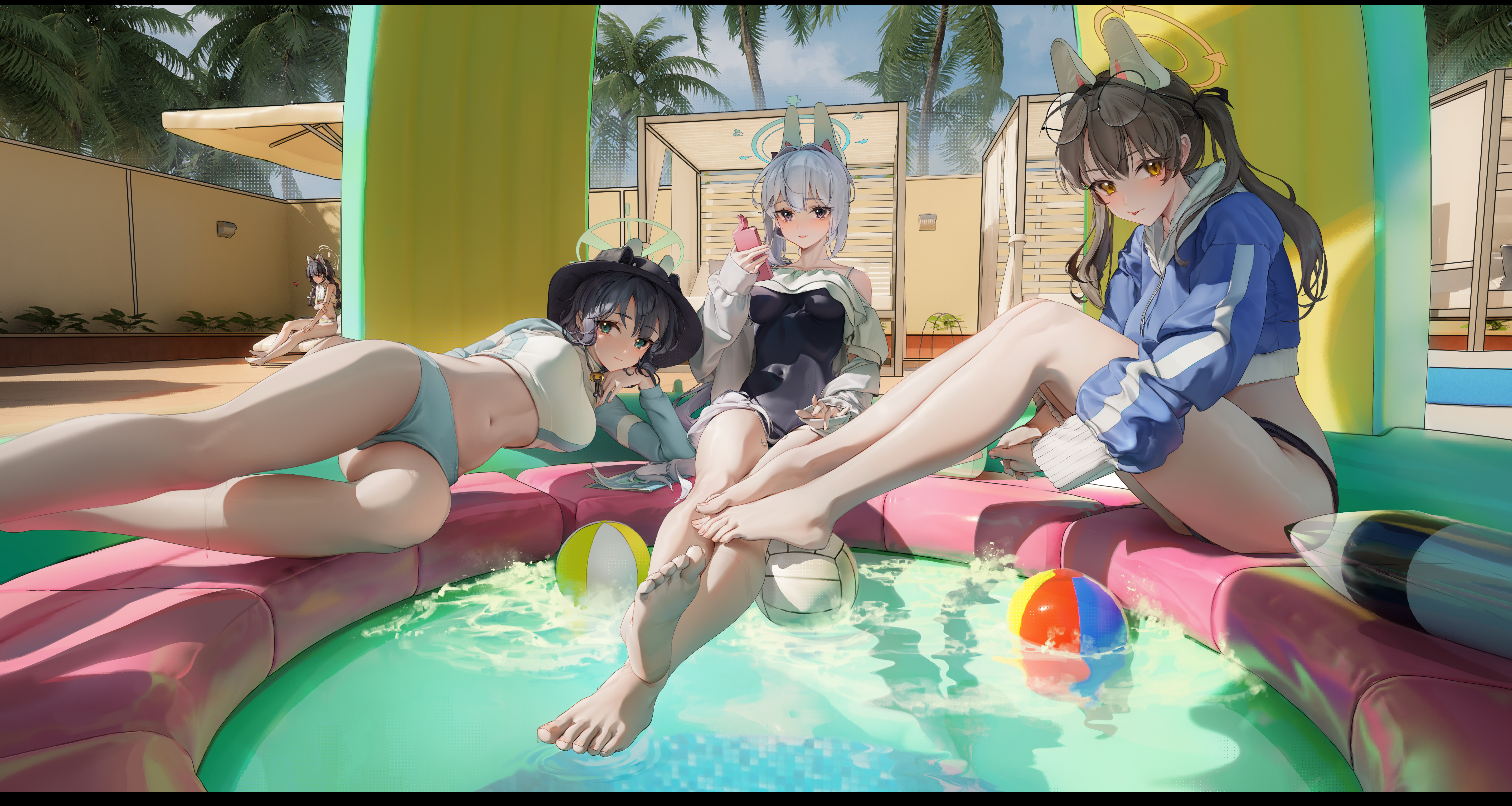 dingding (chongsangjun), miyako (blue archive), miyako (swimsuit) (blue archive), miyu (blue archive), miyu (swimsuit) (blue archive), moe (blue archive), moe (swimsuit) (blue archive), saki (blue archive), saki (swimsuit) (blue archive), blue archive, absurdres, commentary, highres, 4girls, bikini, bikini bottom only, black one-piece swimsuit, blue bikini, blue halo, blue hoodie, breasts, brown hair, bucket hat, casual one-piece swimsuit, crop top, cropped hoodie, frilled one-piece swimsuit, frills, green halo, halo, hat, hood, hoodie, jacket, large breasts, lying, multicolored jacket, multiple girls, off-shoulder one-piece swimsuit, off shoulder, official alternate costume, official alternate hairstyle, on side, one-piece swimsuit, purple eyes, rabbit platoon (blue archive), raglan sleeves, rash guard, swimsuit, twintails, two-tone jacket, white hair, yellow eyes, yellow halo