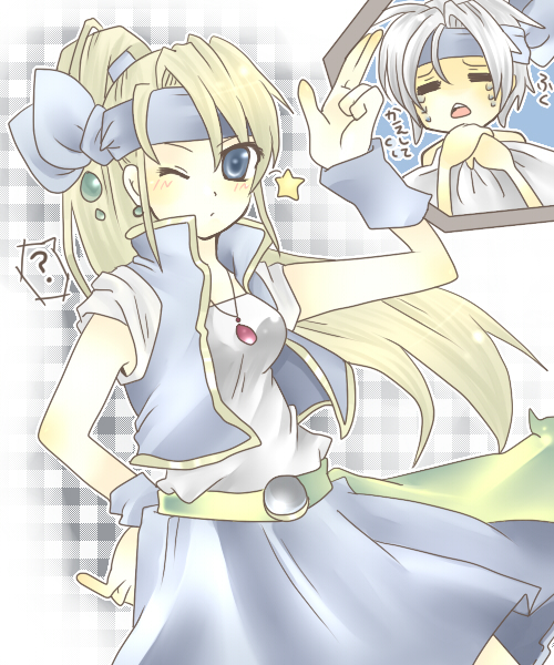 amano hotaru (hotaama), kannazuki mika, celes chere, locke cole, final fantasy, final fantasy vi, 1boy, 1girl, ?, blonde hair, blue eyes, blush, cosplay, jewelry, locke cole (cosplay), long hair, necklace, one eye closed, ponytail, vest, wink