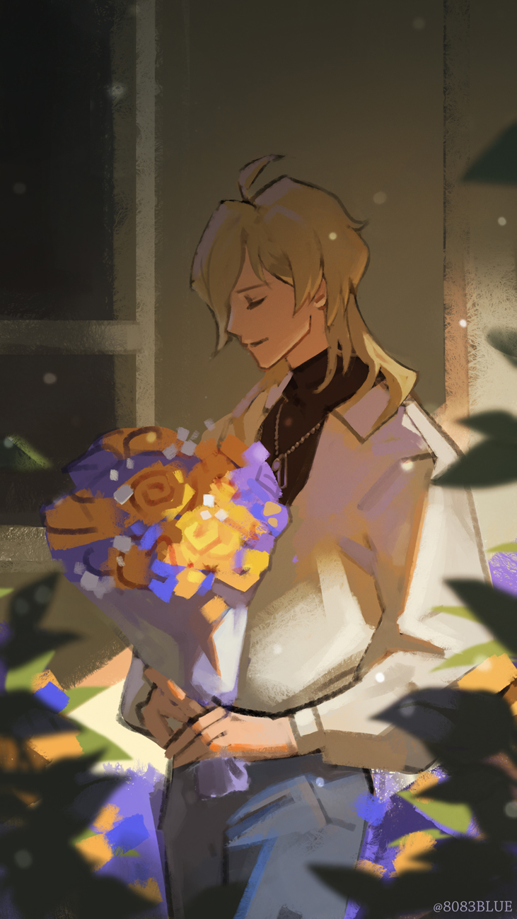 8083 blue, hakaze kaoru, ensemble stars!, commentary request, highres, 1boy, black shirt, blue flower, bouquet, brown hair, closed eyes, closed mouth, flower, grey pants, holding, holding bouquet, jacket, jewelry, light particles, male focus, necklace, orange flower, pants, shirt, short hair, signature, solo, white jacket