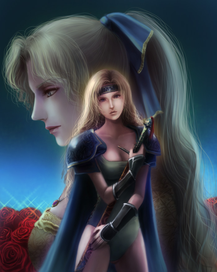 dodon (reina), reina (artist), celes chere, tina branford, final fantasy, final fantasy vi, bad id, bad pixiv id, 1990s (style), 1girl, 2girls, blonde hair, breasts, cape, cleavage, dress, flower, headband, leotard, long hair, multiple girls, ponytail, retro artstyle, rose, sword, weapon