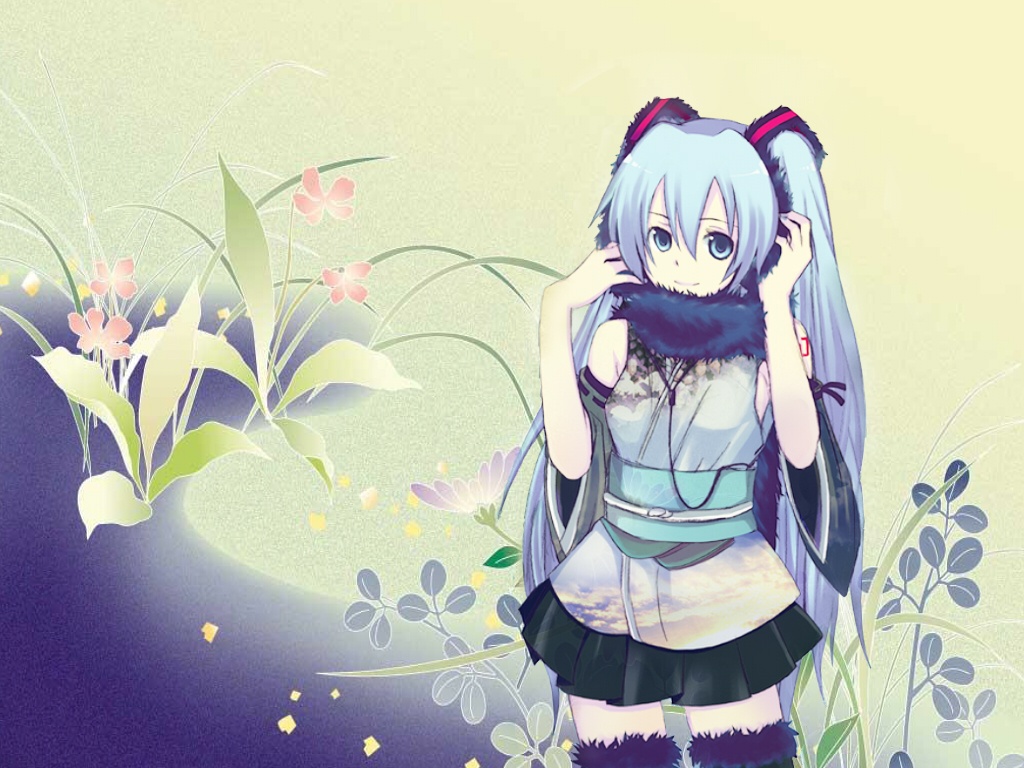 hatsune miku, vocaloid, bad id, bad pixiv id, blue eyes, blue hair, headphones, japanese clothes, long hair, skirt, smile, solo, thighhighs, twintails