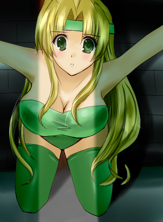 myu-2525vv, celes chere, final fantasy, final fantasy vi, bad id, bad pixiv id, 1990s (style), 1girl, blonde hair, blush, breasts, cleavage, female focus, green eyes, headband, kneeling, large breasts, leotard, long hair, solo, thighhighs