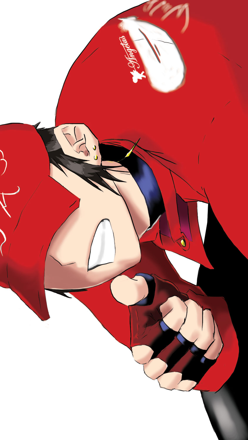 d-a, red (pokemon), nintendo, pokemon, highres, self-upload, 1boy, baseball cap, dark-angu00e9lus, fingerless gloves, gloves, hat, hat over eyes, male focus, red theme, simple background, smile, solo, thumbs up