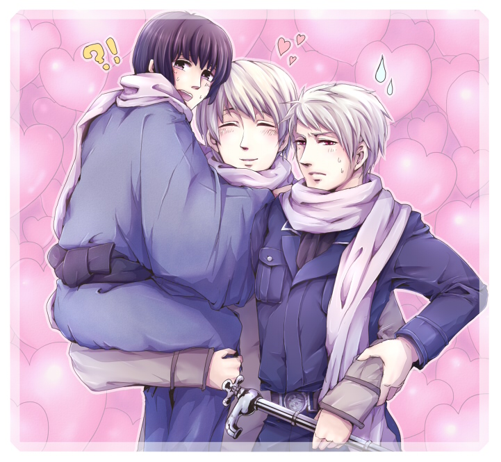 japan (hetalia), prussia (hetalia), russia (hetalia), axis powers hetalia, commentary request, !?, 3boys, arm around waist, belt, black belt, black hair, black necktie, black shirt, blue jacket, blue kimono, blush, border, breast pocket, brown eyes, carrying, carrying person, closed eyes, closed mouth, coat, flying sweatdrops, from behind, grey coat, grey hair, heart, heart background, holding, holding another's wrist, holding lead pipe, jacket, japanese clothes, kimono, lead pipe, long sleeves, looking at viewer, looking back, male focus, military jacket, military uniform, motteke e, multiple boys, necktie, open mouth, pink background, pocket, purple scarf, red eyes, scarf, shirt, short hair, smile, sweat, teeth, v-shaped eyebrows, white border, white hair, wide sleeves