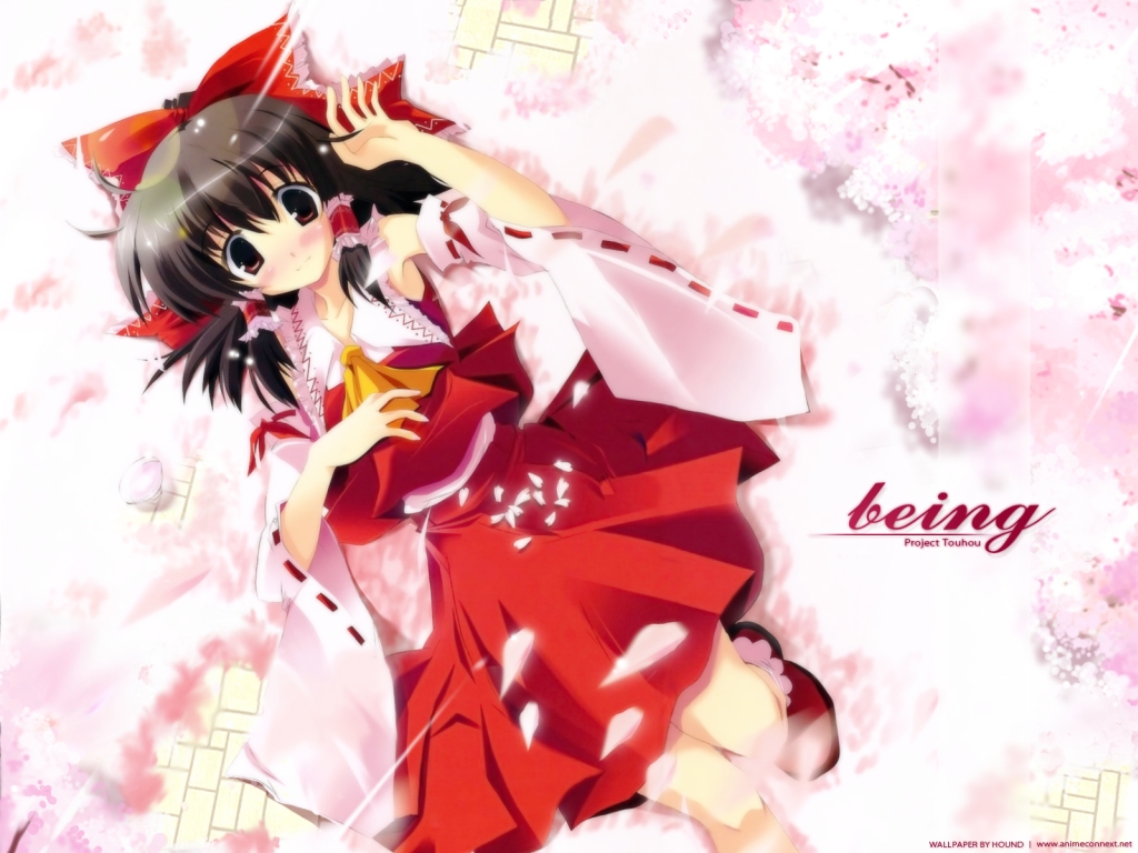 happy birthday (artist), hakurei reimu, touhou, 1girl, black hair, blush, brown eyes, cherry blossoms, detached sleeves, dutch angle, female focus, hair ribbon, japanese clothes, lying, miko, ribbon, short hair, skirt, solo