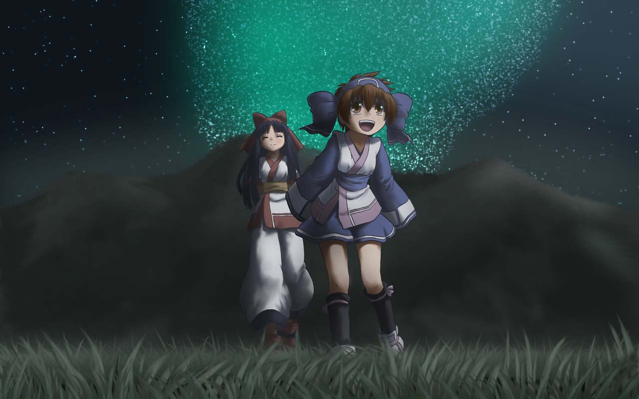 kozuka, nakoruru, rimururu, samurai spirits, snk, 2girls, black hair, blue shorts, bow, brown eyes, brown hair, female focus, hair bow, hairband, japanese clothes, long hair, multiple girls, ribbon, short hair, shorts, siblings, sisters