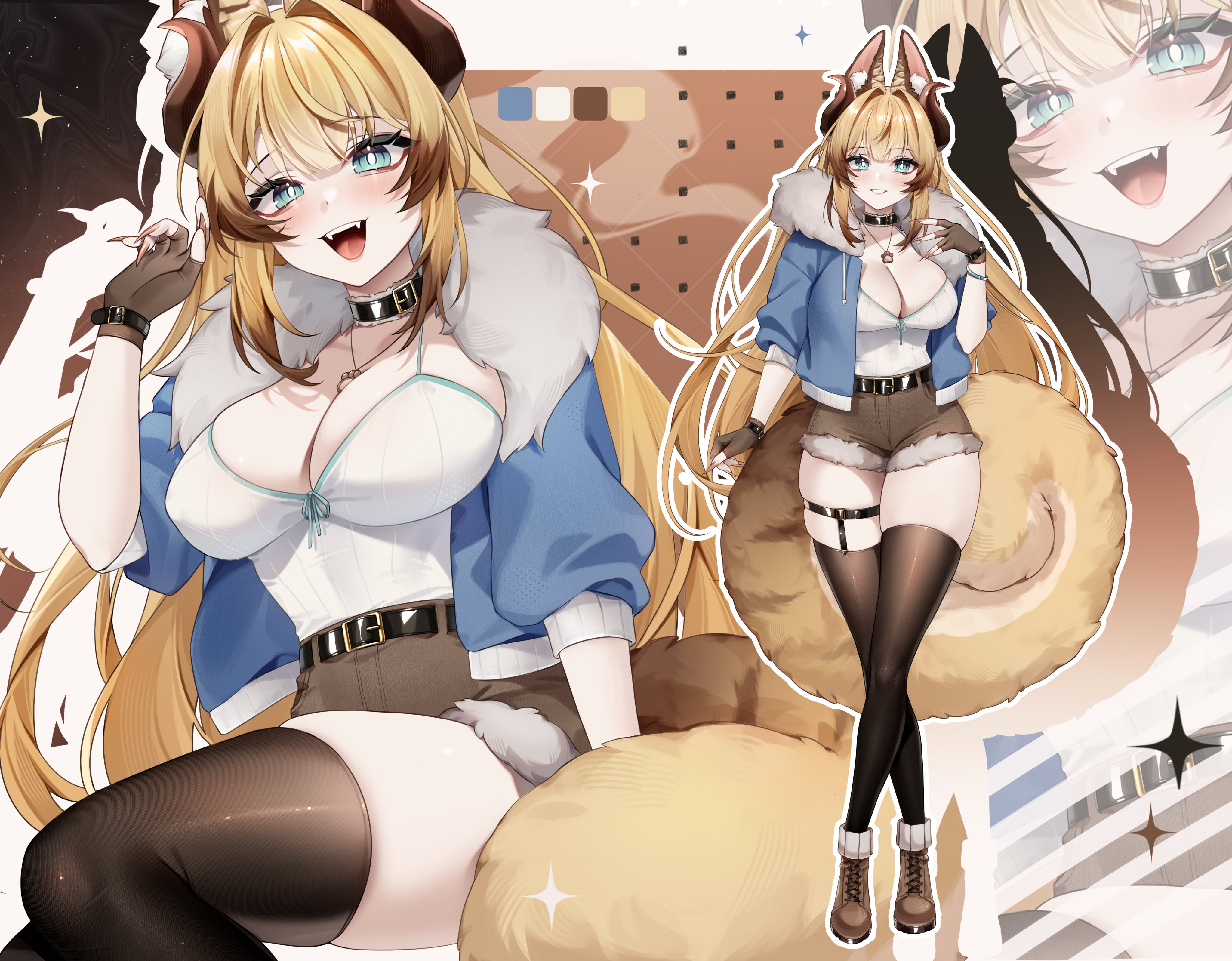 drawinggranny, indie virtual youtuber, absurdres, commission, highres, 1girl, animal ears, aqua eyes, belt, belt collar, black belt, black horns, black thighhighs, blonde hair, boots, breasts, bright pupils, brown boots, brown gloves, brown shorts, camisole, collar, color guide, fangs, fingerless gloves, gloves, horns, jewelry, lace-up boots, necklace, open mouth, paw print, sareen hinaku, shadow, shorts, smile, thighhighs, virtual youtuber, white camisole, white pupils