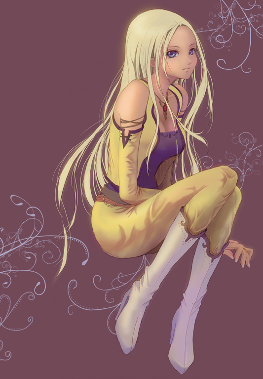 alice iris, celes chere, final fantasy, final fantasy vi, 1990s (style), 1girl, blonde hair, blue eyes, boots, detached sleeves, female focus, full body, jewelry, long hair, necklace, solo, vest