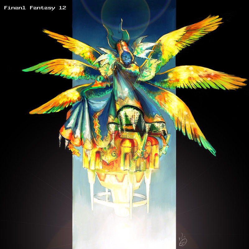 ietaro, yin (pixiv122146), ultima (ff xii), ultima (ffta), final fantasy, final fantasy xii, 00s, 1girl, angel wings, blue skin, closed eyes, colored skin, dress, feathered wings, female focus, flying, multiple wings, seraph, solo, wings