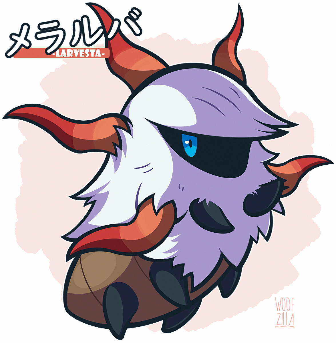 woofzilla, larvesta, nintendo, pokemon, commentary, english commentary, highres, translation request, animal focus, blue eyes, character name, full body, gen 5 pokemon, no humans, pokemon (creature), simple background, solo