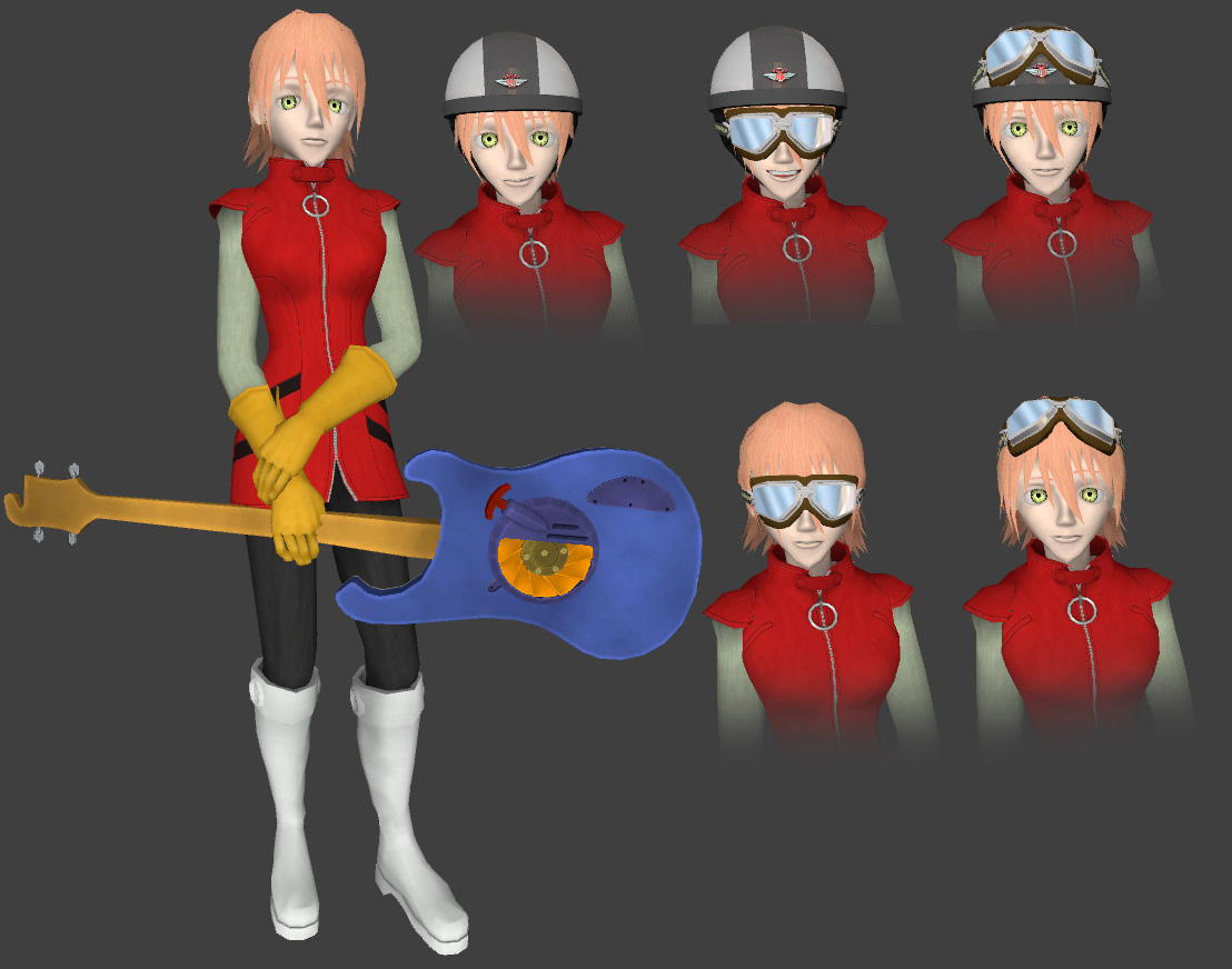 darth biomech, haruhara haruko, flcl, self-upload, 00s, 1girl, 3d, bass guitar, female focus, full body, grey background, guitar, helmet, instrument, multiple views, pink hair, rickenbacker, short hair, standing, upper body, yellow eyes