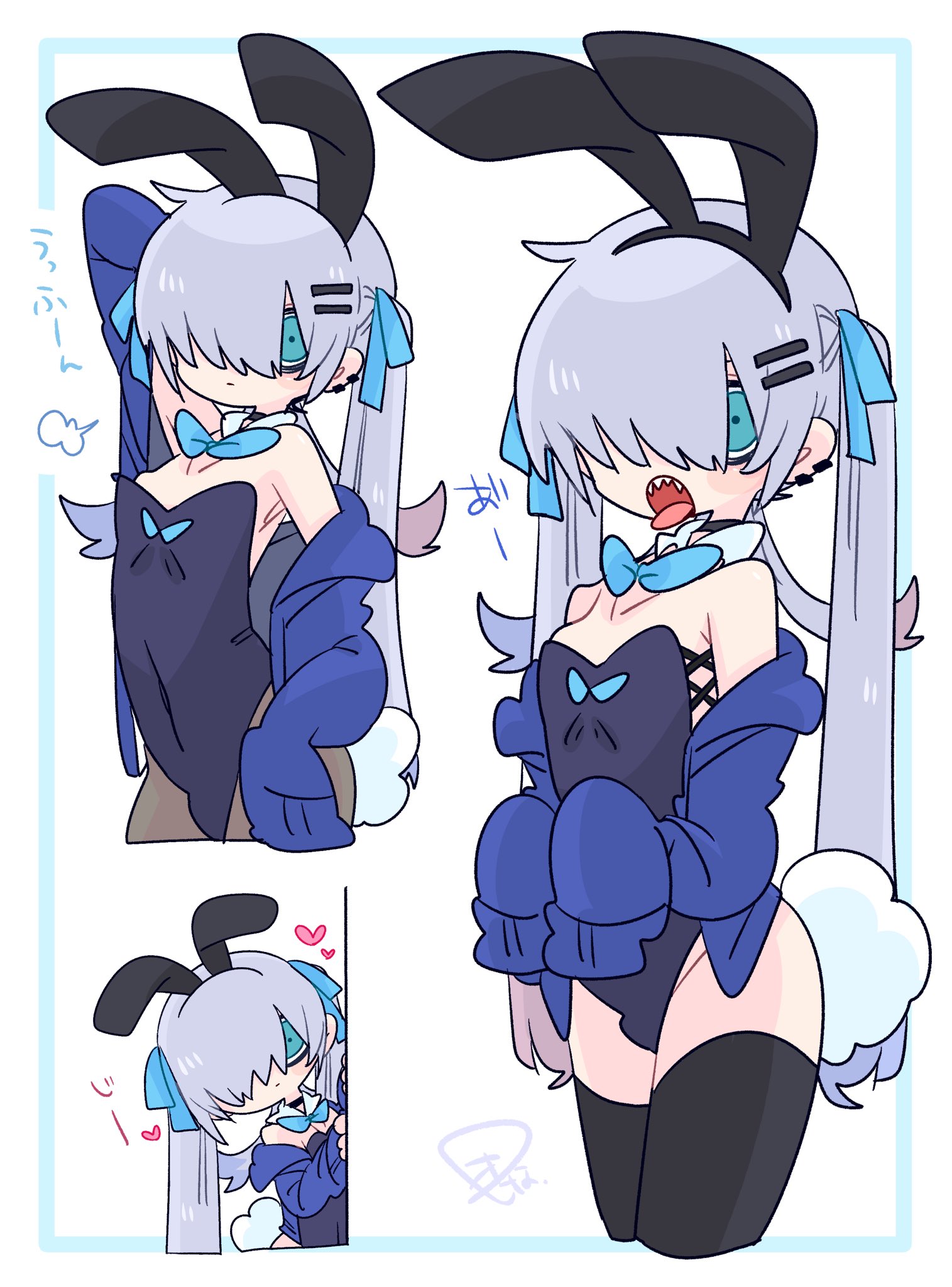op na yarou, original, commentary, highres, 1boy, :/, :o, animal ear hairband, animal ears, arm behind head, arm up, armpit crease, bare shoulders, black choker, black hairband, black leotard, black thighhighs, blue bow, blue bowtie, blue cardigan, blue eyes, blue hair, bow, bowtie, bulge, cardigan, choker, collarbone, colored tips, covered navel, cowboy shot, crossdressing, crossdressing (mtf), detached collar, earclip, expressionless, fake animal ears, fake tail, fangs, flipped hair, hair between eyes, hair bow, hair ornament, hair over one eye, hairband, hairclip, hand up, hands up, highleg, highleg leotard, leaning, leotard, light blush, long hair, long sleeves, looking at viewer, male focus, male playboy bunny, multicolored hair, multiple views, no nose, off shoulder, one eye covered, open cardigan, open clothes, open mouth, parted bangs, playboy bunny, puff of air, quad tails, rabbit ear hairband, rabbit ears, rabbit tail, red hair, rigel (op na yarou), sidelocks, simple background, sleeves past fingers, sleeves past wrists, standing, straight hair, strapless, strapless leotard, tail, thighhighs, thighs, tongue, tongue out, trap, very long hair, watermark, white background, white hair