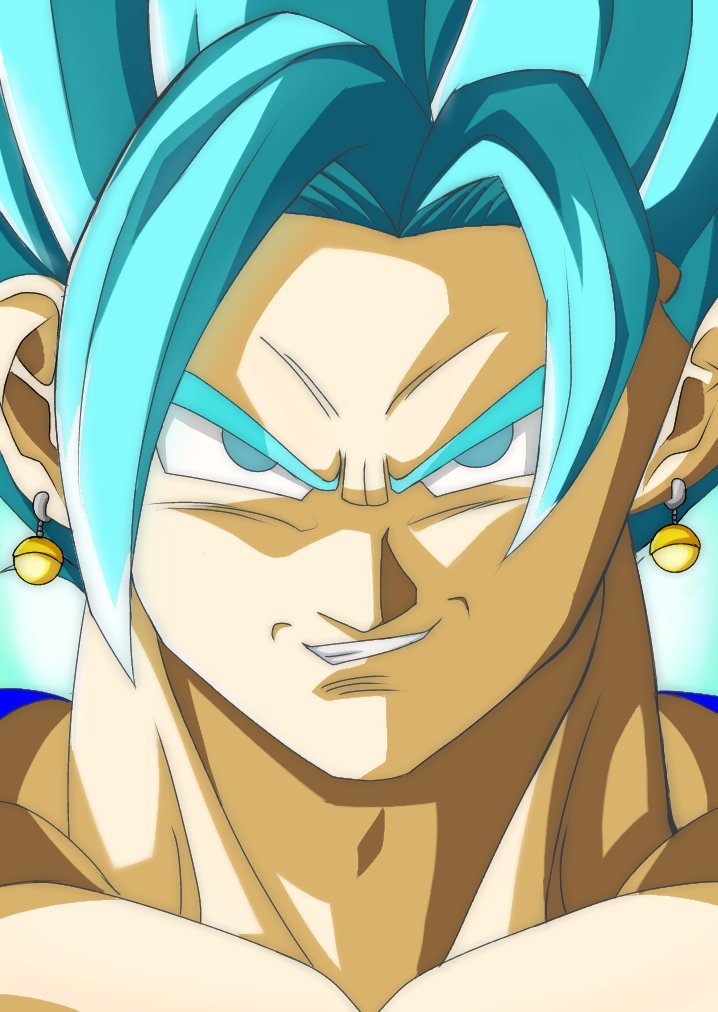 vegetto, dragon ball, dragon ball super, commentary, self-upload, 1boy, blue eyes, blue hair, earrings, jewelry, looking at viewer, male focus, nickroseflow, portrait, potara earrings, smile, solo, straight-on, super saiyan, super saiyan blue