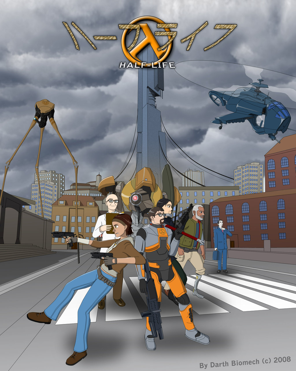 darth biomech, alyx vance, barney calhoun, eli vance, gordon freeman, isaac kleiner, strider, half-life, half-life 2, highres, citadel, cloud, dog, gman, helicopter, parody, poorly drawn, weapon