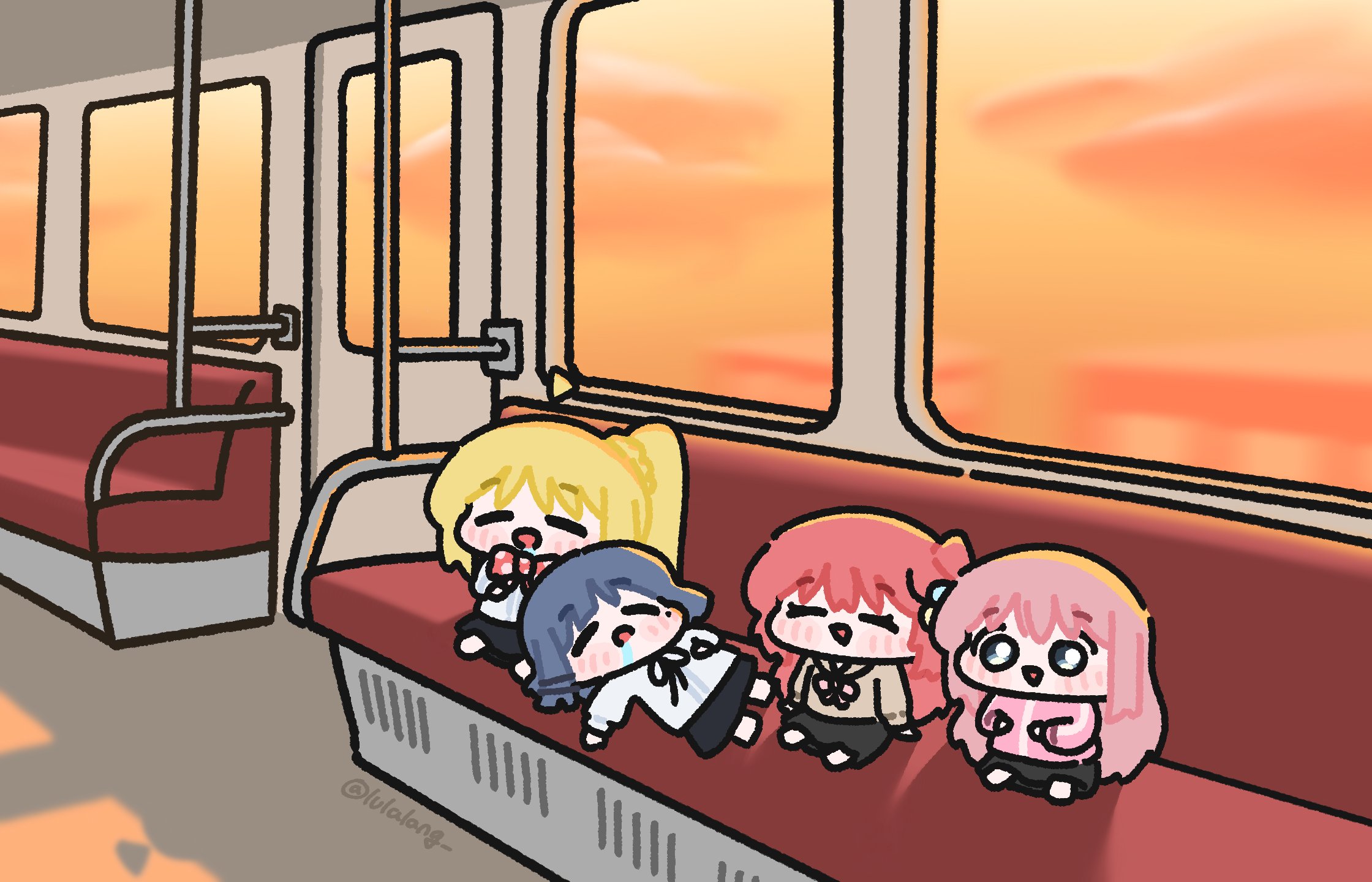 lulalang, gotoh hitori, ijichi nijika, kita ikuyo, yamada ryo, bocchi the rock!, highres, ahoge, blonde hair, blue eyes, blue hair, blush, chibi, cube hair ornament, detached ahoge, hair between eyes, hair ornament, jacket, kessoku band, long hair, long sleeves, multiple girls, one side up, open mouth, pink hair, pink jacket, pink track suit, red hair, school uniform, shimokitazawa high school uniform, shirt, shuka high school uniform, side ahoge, simple background, sleeping, smile, sunset, track jacket, track suit, train, train interior