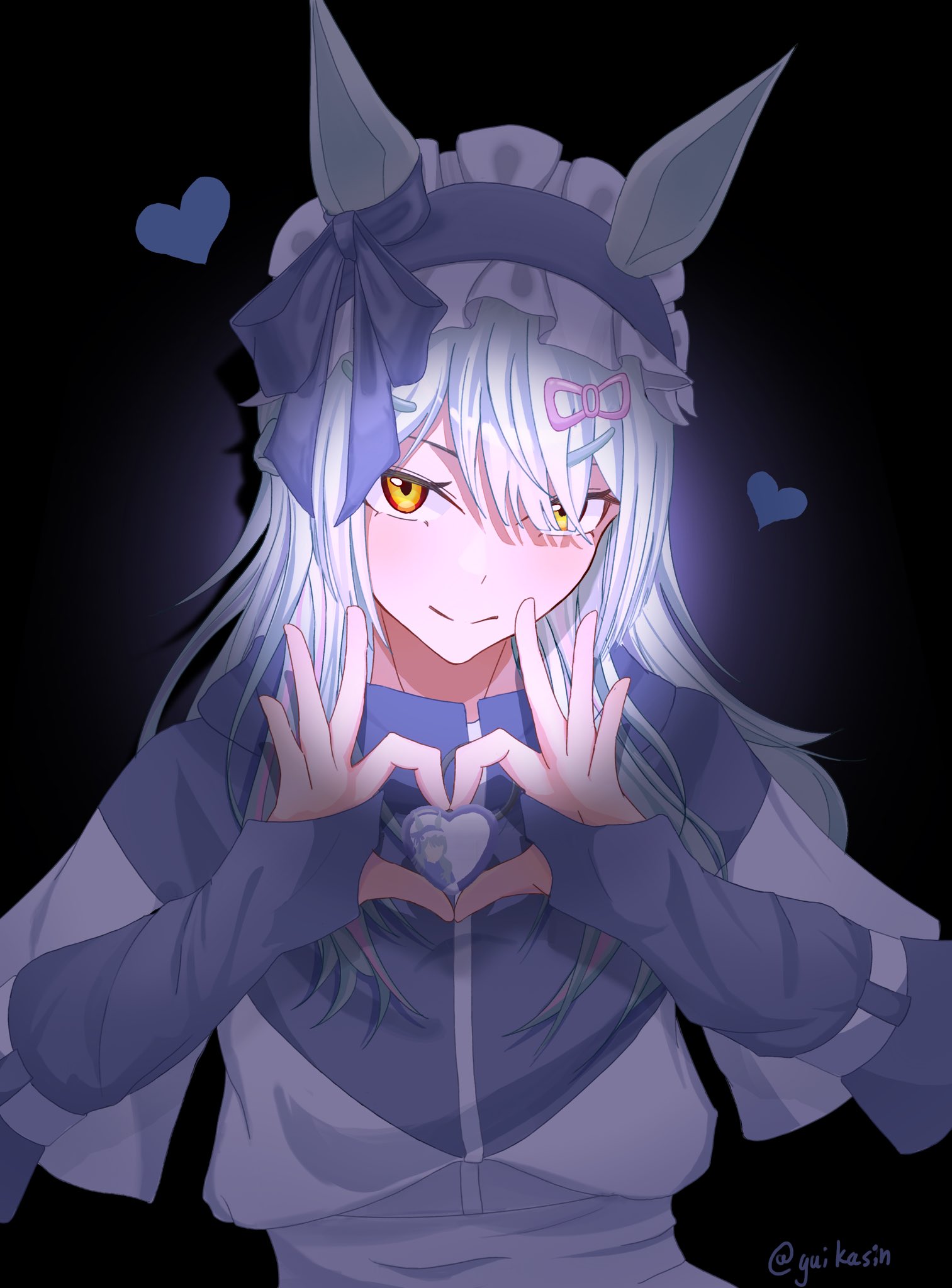 fujimasa march (umamusume), umamusume, umamusume: cinderella gray, highres, 1girl, animal ears, blue headdress, blush, bow, braid, closed mouth, ear bow, ear ornament, ear ribbon, folded hair, folded ponytail, grey hair, half up half down braid, horse ears, horse girl, horse tail, jacket, jersey maid, kasamatsu tracen school uniform, kasamatsu tracen training uniform, long hair, long sleeves, looking at viewer, maid, race bib, school uniform, shirt, smile, solo, tail, unconventional maid, white shirt, yellow eyes, yuikasin