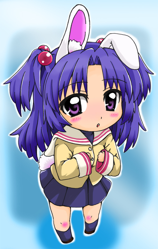 inarii, ichinose kotomi, clannad, 00s, 1girl, animal ears, blue hair, chibi, female focus, hair bobbles, hair ornament, long hair, purple hair, rabbit ears, rabbit tail, school uniform, solo, tail, twintails, two side up