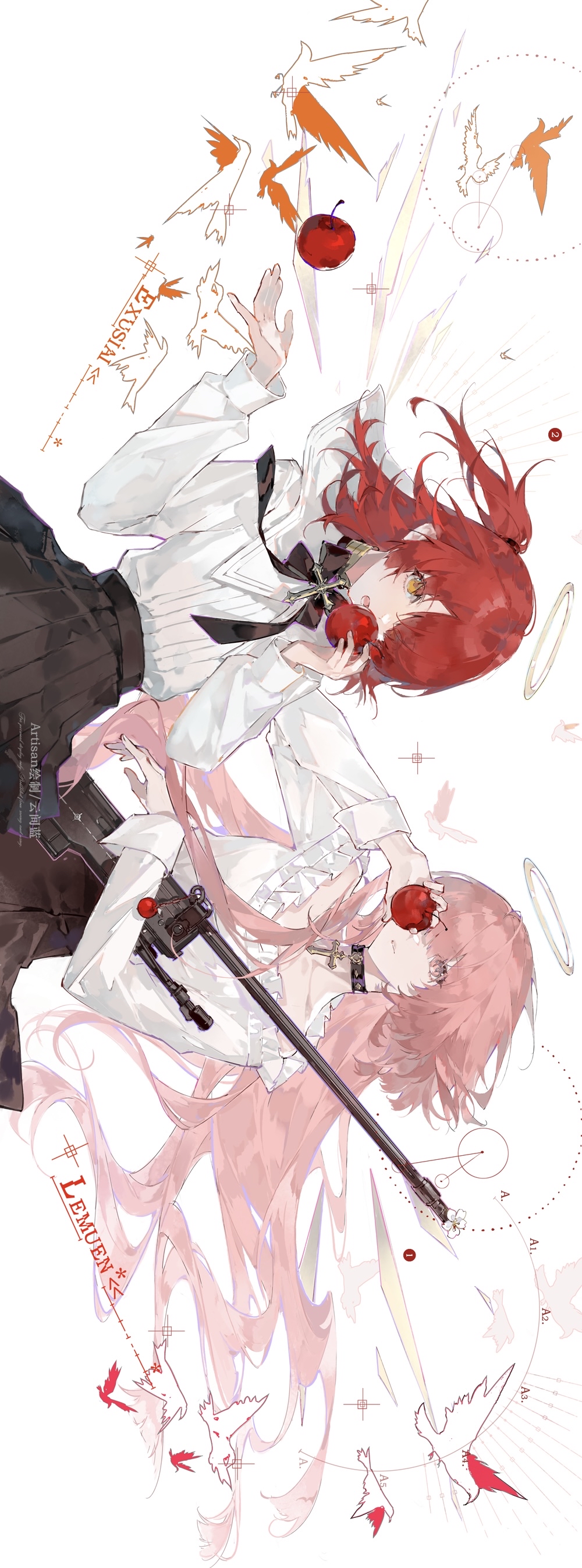 zhanzhan lan, exusiai (arknights), exusiai the new covenant (arknights), lemuen (arknights), arknights, absurdres, chinese commentary, commentary request, highres, 2girls, adoptive siblings, alternate costume, apple, bird, black bow, black choker, black skirt, bow, capelet, character name, charm (object), choker, cross, cross necklace, crosshair, detached wings, diagram, energy wings, food, fruit, gun, hair over one eye, halo, holding, holding food, holding fruit, jewelry, latin cross, long hair, multiple girls, necklace, off-shoulder shirt, off shoulder, orange eyes, pink eyes, pink hair, pleated skirt, red hair, rifle, shirt, siblings, side ponytail, sideways, sisters, skirt, sniper rifle, traditional halo, very long hair, watermark, weapon, weapon charm, white shirt, wings
