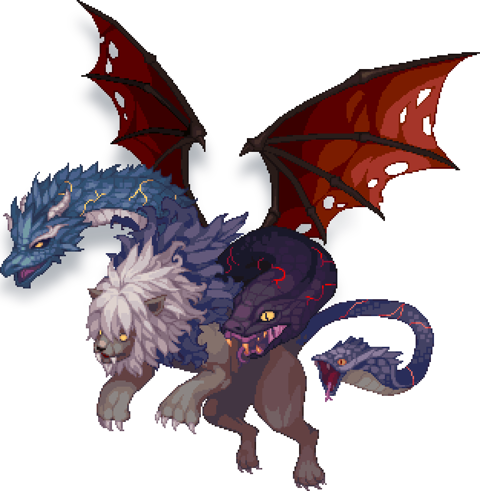 nexon, tales weaver, artist request, official art, second-party source, animal focus, black scales, blue hair, blue scales, brown fur, claws, colored sclera, colored teeth, dragon, fangs, forked tongue, horns, lion, lion mane, no pupils, nostrils, open mouth, orange sclera, pixel art, red wings, simple background, slit pupils, snake, snake tail, sprite, sprite art, tail, tongue, tongue out, torn wings, transparent background, white hair, white horns, wings, yellow sclera, yellow teeth