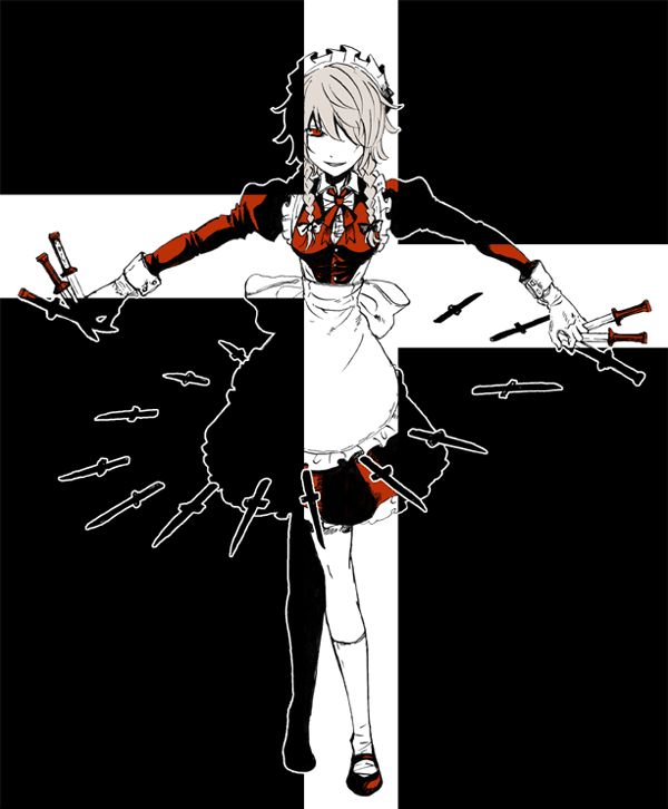 charin, izayoi sakuya, touhou, bad id, bad pixiv id, 1girl, braid, breasts, female focus, full body, hairband, knife, maid, monochrome, red eyes, solo, spot color, throwing knife, twin braids, weapon