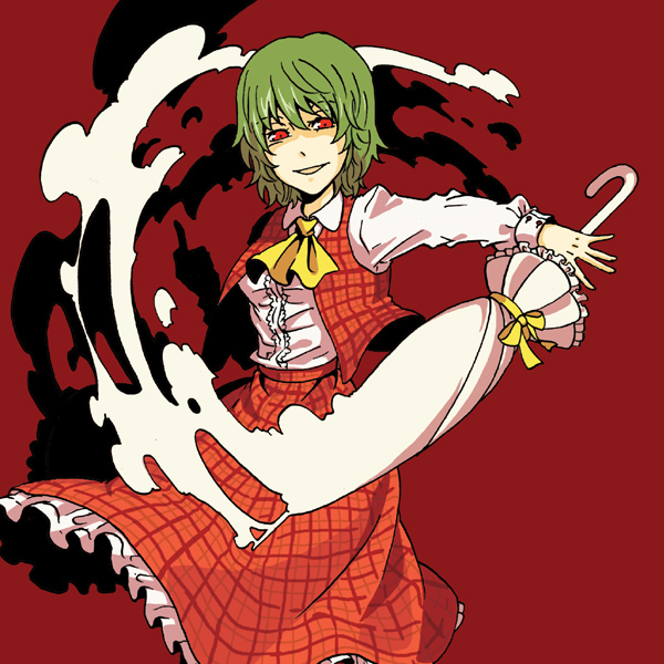 charin, kazami yuuka, touhou, bad id, bad pixiv id, 1girl, closed umbrella, female focus, green hair, red eyes, ribbon, short hair, solo, umbrella