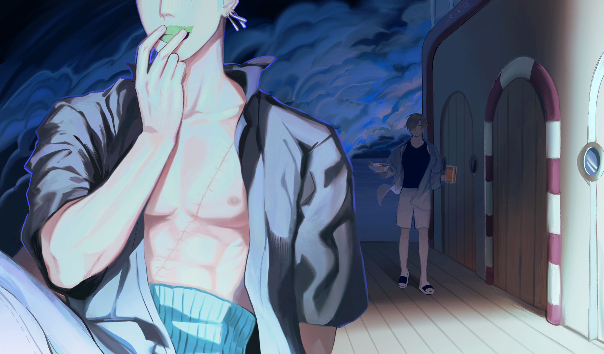 kotomine (a1569), roronoa zoro, sanji (one piece), one piece, commentary request, highres, 2boys, abs, alternate costume, bare pectorals, beer mug, black tank top, blonde hair, collared shirt, cup, curly eyebrows, facial hair, full body, goatee, green hair, hair over one eye, holding, holding cup, leaf, looking at another, loose necktie, male focus, moonlight, mug, multiple boys, necktie, nipples, pectorals, perspective, scar, scar across eye, scar on face, shirt, short hair, tank top, upper body, wind