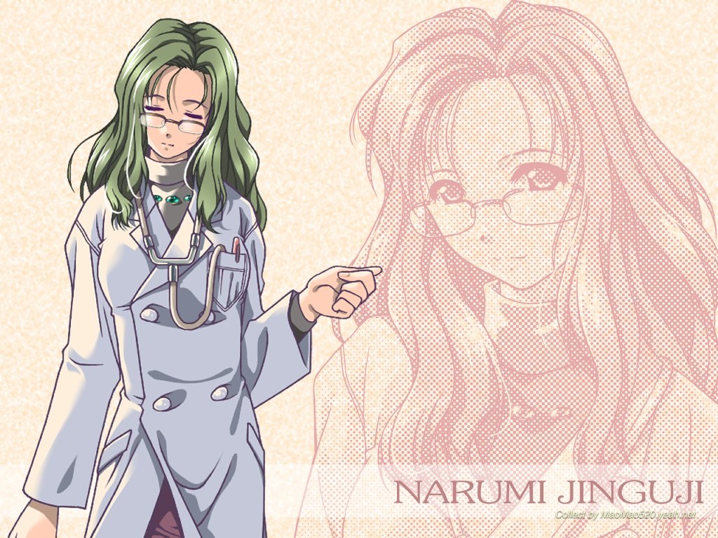 jinguuji narumi, yakin byoutou, 00s, closed eyes, glasses, green hair, jewelry, long hair, necklace, nurse, pen, solo, stethoscope, turtleneck