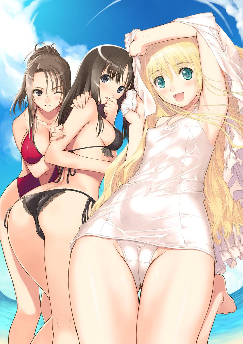 tony taka, odagiri maiko, shoujo (france shoujo), yagisawa kasumi, france shoujo, highres, jpeg artifacts, non-web source, 3girls, aqua eyes, armpits, ass, barefoot, beach, bikini, black bikini, black eyes, blonde hair, breasts, brown hair, butt crack, cameltoe, cleavage, covered erect nipples, day, flat chest, green eyes, large breasts, leg lift, long hair, looking back, multiple girls, one-piece swimsuit, one eye closed, outdoors, ponytail, red one-piece swimsuit, robe, school swimsuit, side-tie bikini bottom, sideboob, swimsuit, thighs, undressing, water, white one-piece swimsuit, white school swimsuit, wink