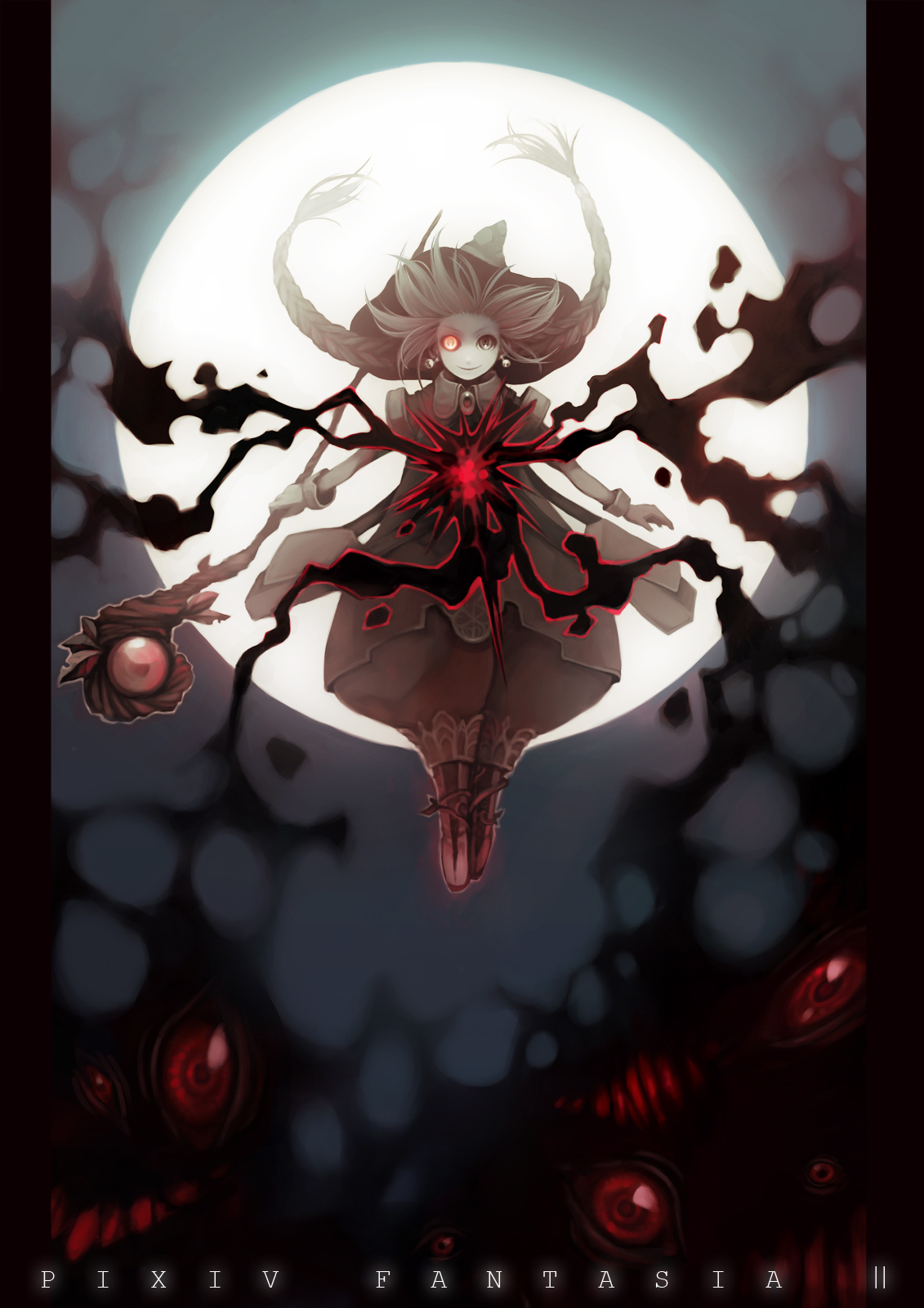 sachi (pixiv), sachi (yumemayoi), pixiv fantasia, highres, 1girl, female focus, hat, magic, moon, night, solo, spell, staff, witch, witch hat
