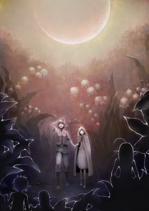 sachi (pixiv), sachi (yumemayoi), original, 2boys, 3girls, cloak, fantasy, flower, from behind, full moon, holding hands, lily of the valley, mini person, miniboy, minigirl, moon, multiple boys, multiple girls, nature, night, pointy ears, scenery, silhouette, tree, twilight