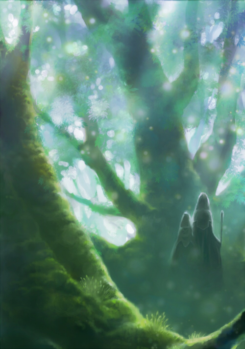 sachi (pixiv), sachi (yumemayoi), forest, green theme, holding hands, nature, robe, staff, tree