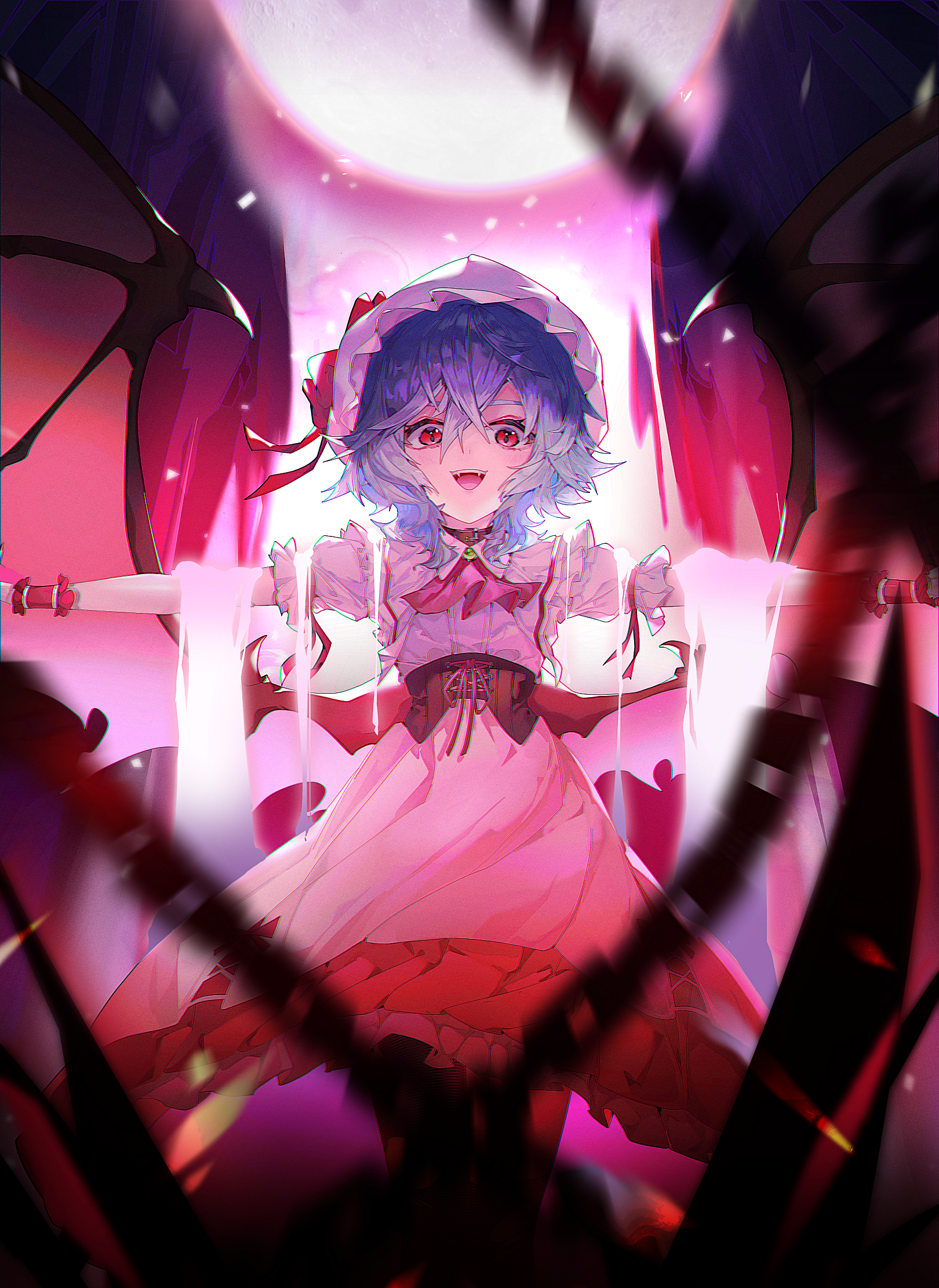 remilia scarlet, touhou, highres, 1girl, :d, ascot, bat wings, black collar, bloomers, blue eyes, brown corset, chain, collar, collared shirt, corset, cowboy shot, crossed bangs, dress, fangs, frilled shirt collar, frills, hair between eyes, hat, hat ribbon, looking at viewer, mob cap, open mouth, outstretched arms, pink dress, pink hat, puffy short sleeves, puffy sleeves, red ascot, red eyes, red ribbon, ribbon, shirt, short hair, short sleeves, smile, solo, spread arms, standing, swimsuit, teeth, underwear, upper teeth only, wall brick, white bloomers, wings, wrist cuffs