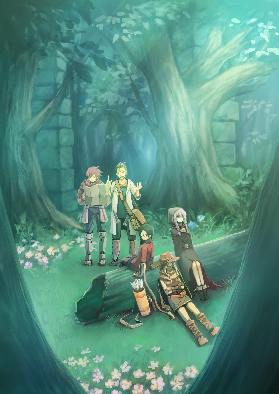 sachi (pixiv), sachi (yumemayoi), alchemist (sekaiju), alchemist 2 (sekaiju), curse maker, curse maker 2, medic (sekaiju), medic 3 (sekaiju), ranger (sekaiju), ranger 4 (sekaiju), swordsman (sekaiju), swordsman 3 (sekaiju), atlus, etrian odyssey, silver hair, bad id, bad pixiv id, highres, 3girls, :d, against tree, androgynous, antenna hair, arm support, armor, arrow (projectile), bag, bell, belt, black hair, boots, bow (weapon), braid, brown hair, cape, chain, cloak, closed eyes, crossed arms, cuffs, elbow gloves, everyone, flower, forest, fur trim, glasses, gloves, grass, greaves, hair over one eye, hat, holding, hood, in tree, jewelry, knee boots, lab coat, long hair, looking at viewer, looking back, map, multiple girls, nature, necklace, on ground, open clothes, open mouth, outdoors, pointing, purple hair, quiver, reading, satchel, shin guards, short hair, sidelocks, sitting, sitting in tree, skirt, sleeping, smile, spiked hair, standing, tree, twin braids, weapon