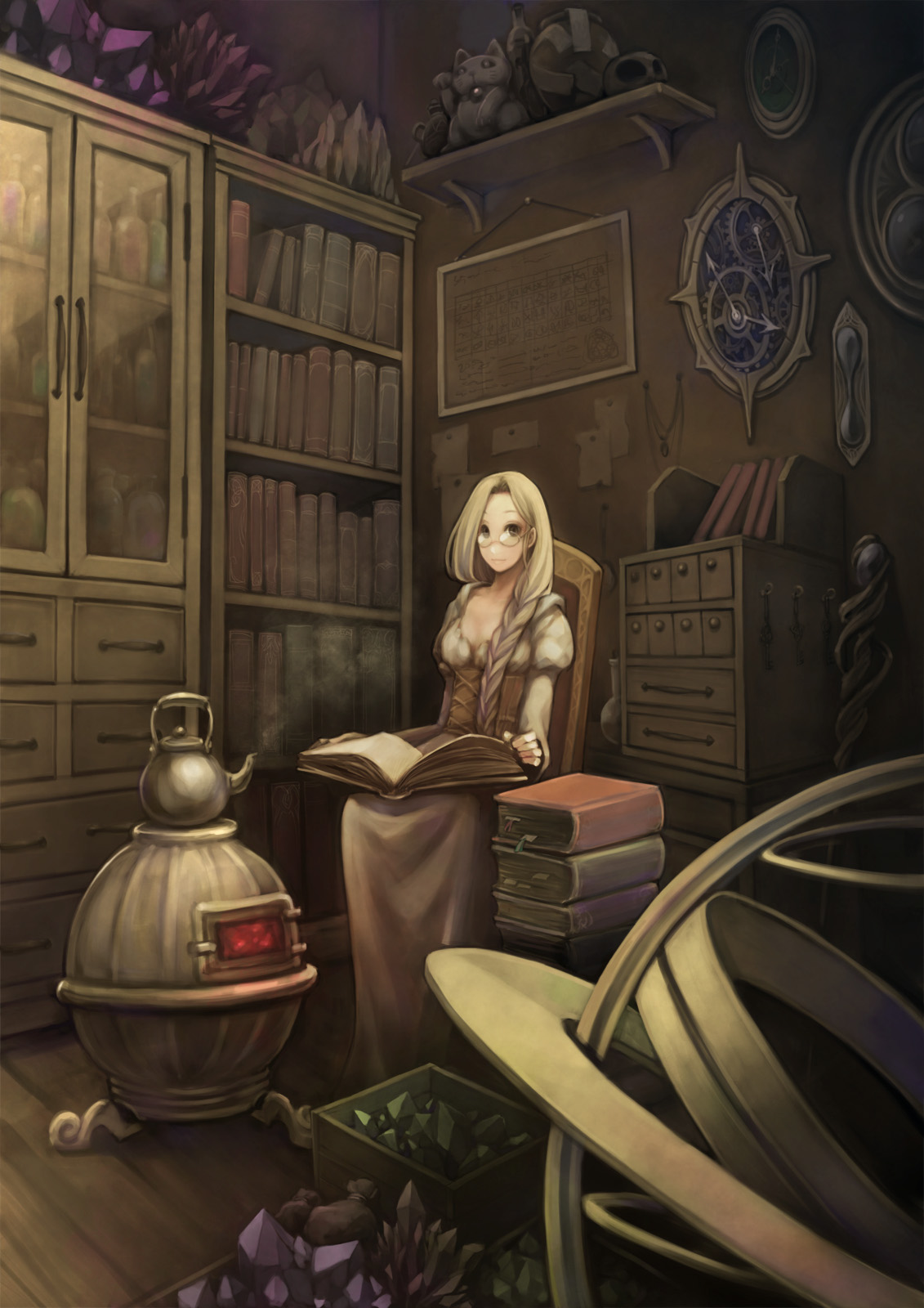 sachi (pixiv), sachi (yumemayoi), highres, 1girl, blonde hair, book, braid, female focus, glasses, open book, reading, shelf, single braid, sitting, smile, solo