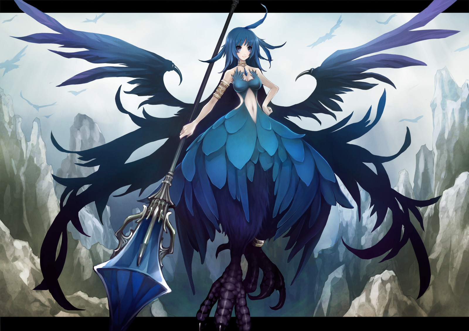 sachi (pixiv), sachi (yumemayoi), pixiv fantasia, pixiv fantasia 3, highres, 1girl, blue hair, female focus, gigandal federation, harpy, monster girl, mountain, polearm, solo, talons, weapon, wings