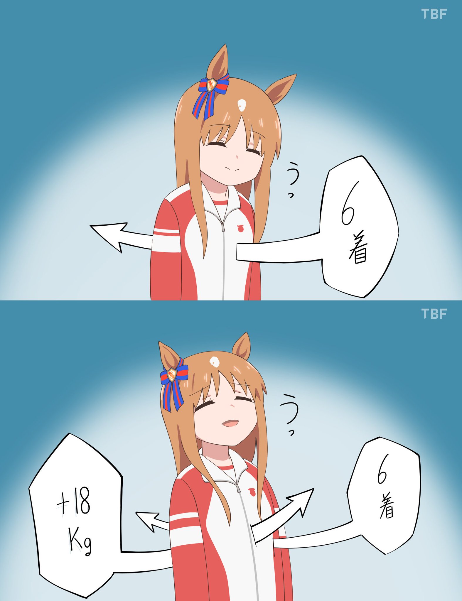 tanaka wonder, grass wonder (umamusume), umamusume, commentary request, highres, translation request, 1girl, animal ears, bow, brown hair, ear bow, ear ornament, ear ribbon, false smile, horse ears, horse girl, kantan creek, long hair, long sleeves, multicolored hair, open mouth, scene reference, school uniform, smile, tracen school uniform, tracen training uniform, white hair