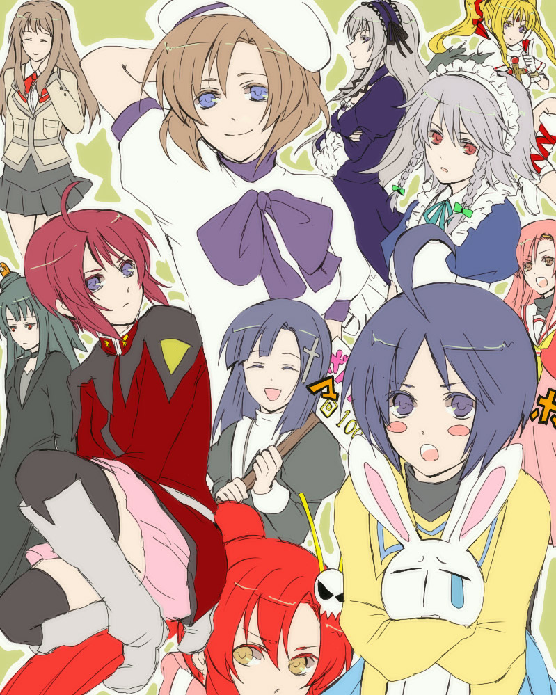 910, fujino shizuru, izayoi sakuya, katagiri himeko, katsura hinagiku, lunamaria hawke, mesousa, ryuuguu rena, suigintou, yoko littner, zange, gundam, gundam seed, gundam seed destiny, hayate no gotoku!, higurashi no naku koro ni, kannagi, my-hime, pani poni dash!, rozen maiden, tengen toppa gurren lagann, touhou, silver hair, 00s, 6+girls, ahoge, blush, boots, bow, braid, closed eyes, cross, crossover, hair ornament, hairband, hairpin, hat, long hair, maid, multiple girls, open mouth, pink hair, ponytail, purple eyes, purple hair, short hair, sign, skirt, stuffed animal, stuffed rabbit, stuffed toy, teardrop, tears