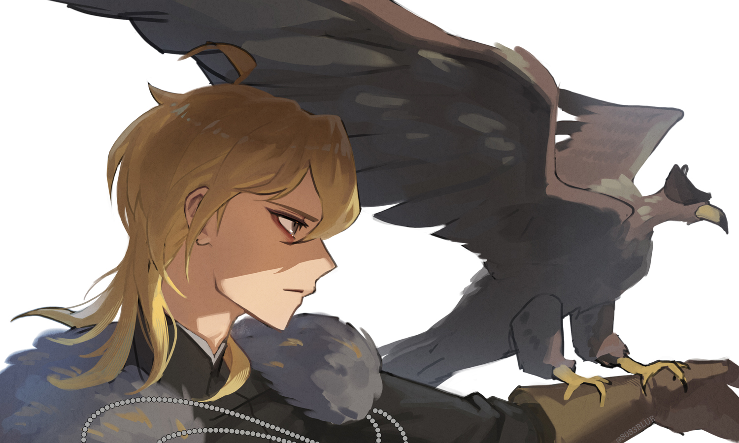 8083 blue, hakaze kaoru, ensemble stars!, commentary request, 1boy, animal on arm, bird, bird on arm, brown eyes, brown gloves, closed mouth, gloves, hair between eyes, hawk, long hair, looking ahead, male focus, simple background, twitter username, upper body, white background