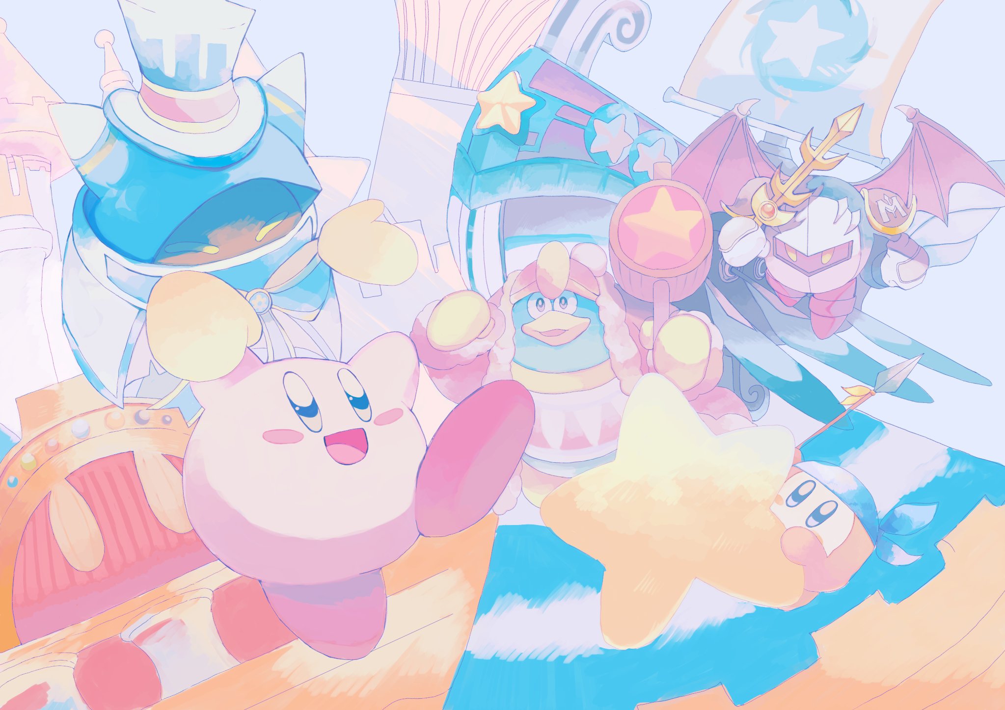 purano7, bandana waddle dee, king dedede, kirby, magolor, meta knight, kirby (series), nintendo, highres, :d, armor, bandana, bat wings, blue bandana, blue eyes, blue hat, blue hood, blush, blush stickers, building, closed eyes, coat, fur trim, galaxia (sword), gloves, hammer, hat, holding, holding hammer, holding sword, holding weapon, mask, open mouth, pastel colors, pauldrons, rayman limbs, red coat, red hat, shoulder armor, smile, solid oval eyes, star (symbol), sword, top hat, warp star, weapon, wings, yellow eyes