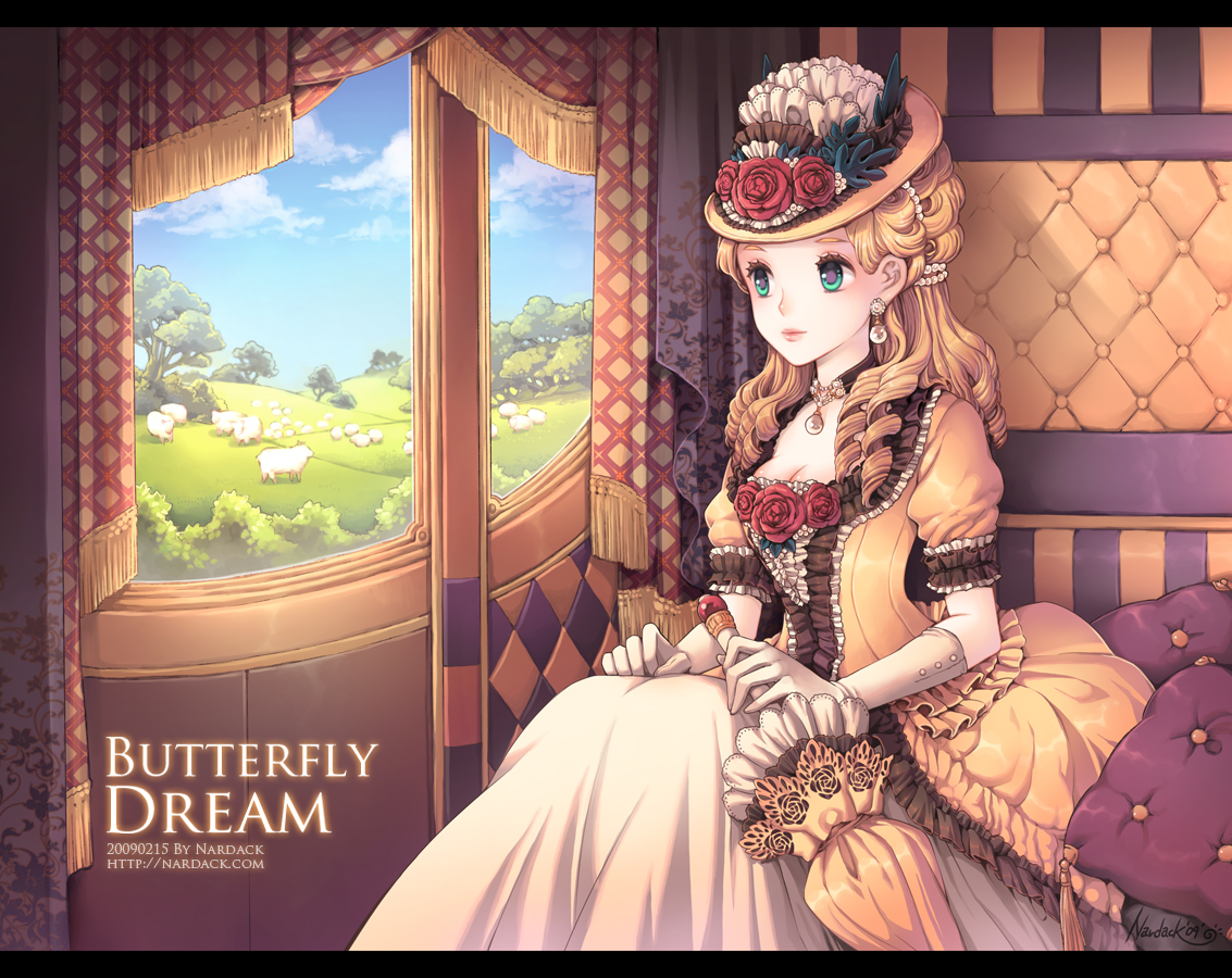 nardack, original, bad id, bad pixiv id, 1girl, blonde hair, blue eyes, breasts, carriage, cleavage, curly hair, dress, female focus, flower, frills, gem, gloves, gown, hat, jewelry, lipstick, long hair, makeup, parasol, pearl (gemstone), pillow, rose, sheep, solo, umbrella, victorian, window