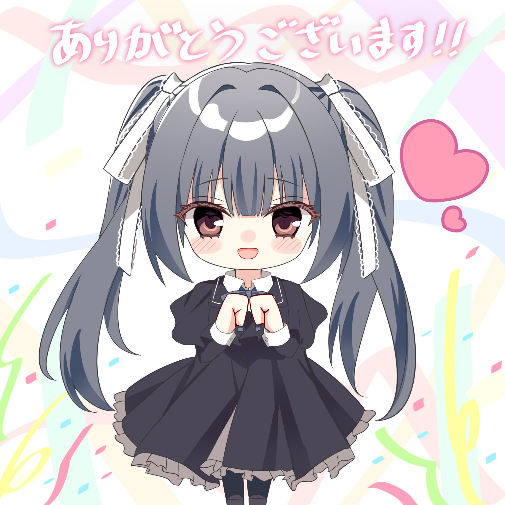 sakura no toki, sakura no uta, commentary request, highres, 1girl, :d, black capelet, black dress, black hair, blue ribbon, blunt bangs, blush stickers, brown eyes, capelet, chibi, chibi only, colored eyelashes, confetti, dress, eyes visible through hair, frilled dress, frills, full body, hair intakes, hair ribbon, hands up, happy, heart, honma misuzu, kimuratamashi, long dress, long hair, long sleeves, looking at viewer, milestone celebration, neck ribbon, open mouth, ribbon, school uniform, sidelocks, simple background, smile, solo, standing, straight-on, twintails, very long hair, white background, white ribbon