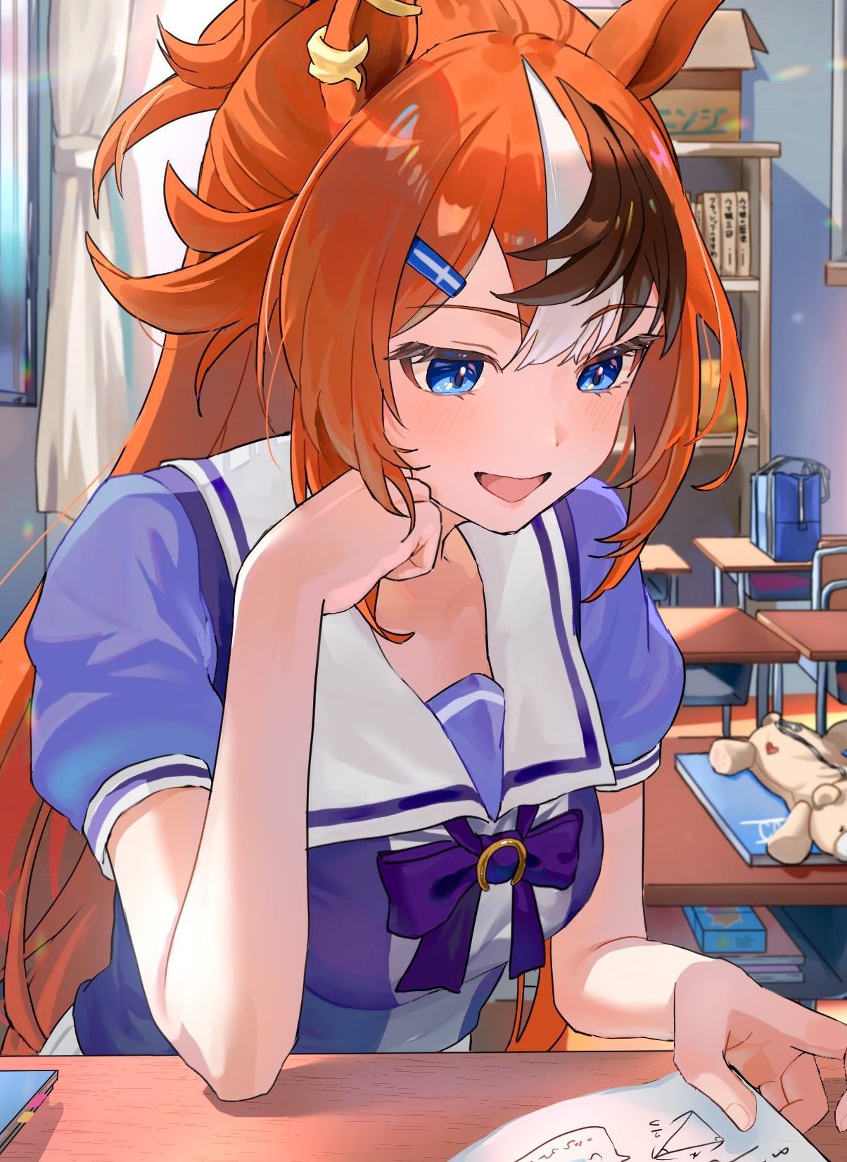 tainy y, bubble gum fellow (umamusume), umamusume, highres, 1girl, animal ears, blue eyes, blush, breasts, brown hair, ear chain, ear ornament, hair between eyes, hair ornament, horse ears, horse girl, horseshoe print, linked piercing, long hair, multicolored hair, piercing, school uniform, solo, tracen school uniform, white hair