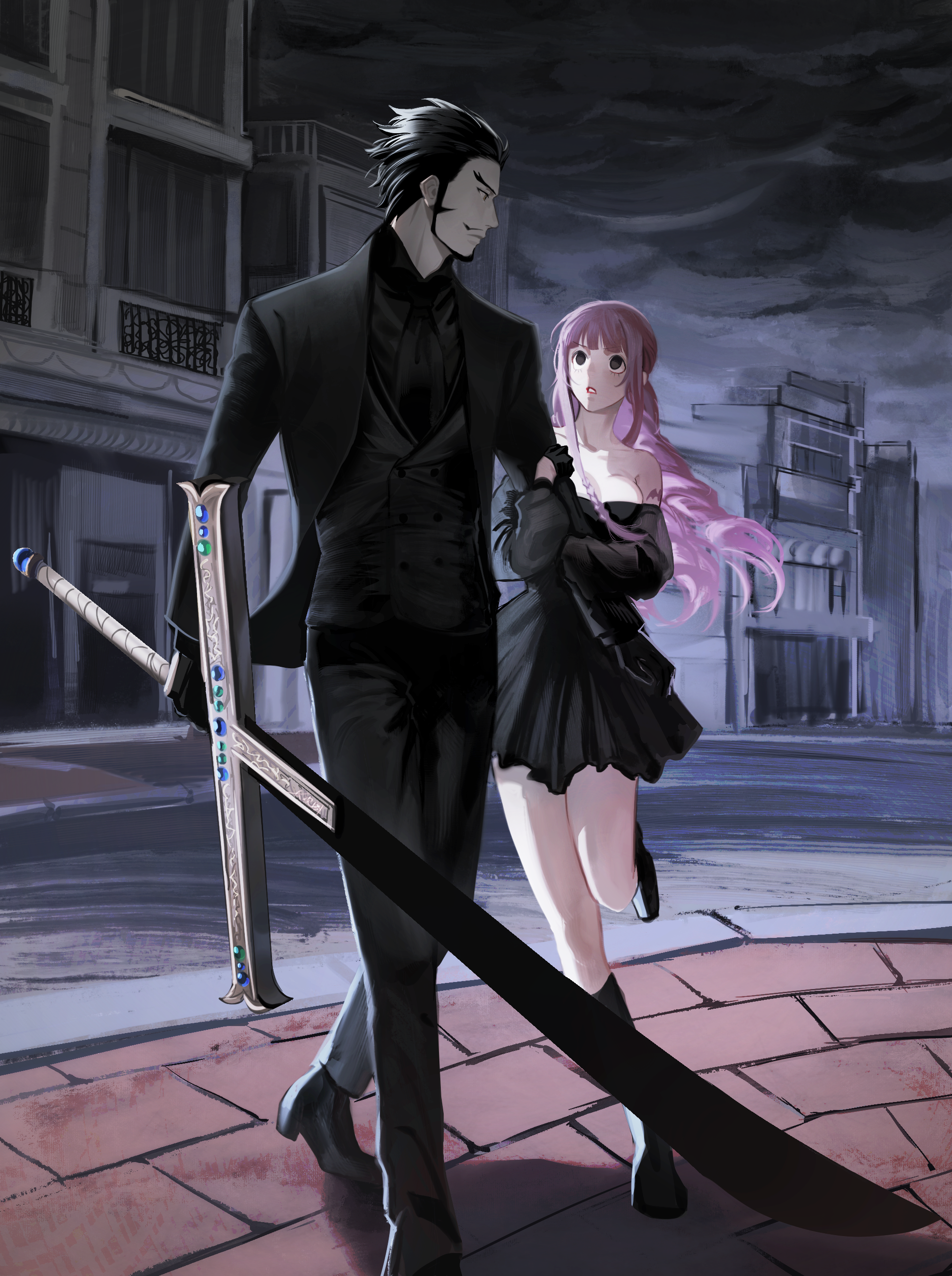 kotomine (a1569), dracule mihawk, perona, one piece, absurdres, commentary request, highres, 1boy, 1girl, ascot, bare shoulders, beard, black ascot, black dress, black eyes, black hair, black pants, black shoes, black vest, chinstrap beard, closed mouth, dress, facial hair, grey sky, holding, holding sword, holding weapon, huge weapon, long hair, looking at another, mustache, pants, pink hair, shoes, short hair, shoulder tattoo, sideburns, sky, sword, tattoo, vest, weapon