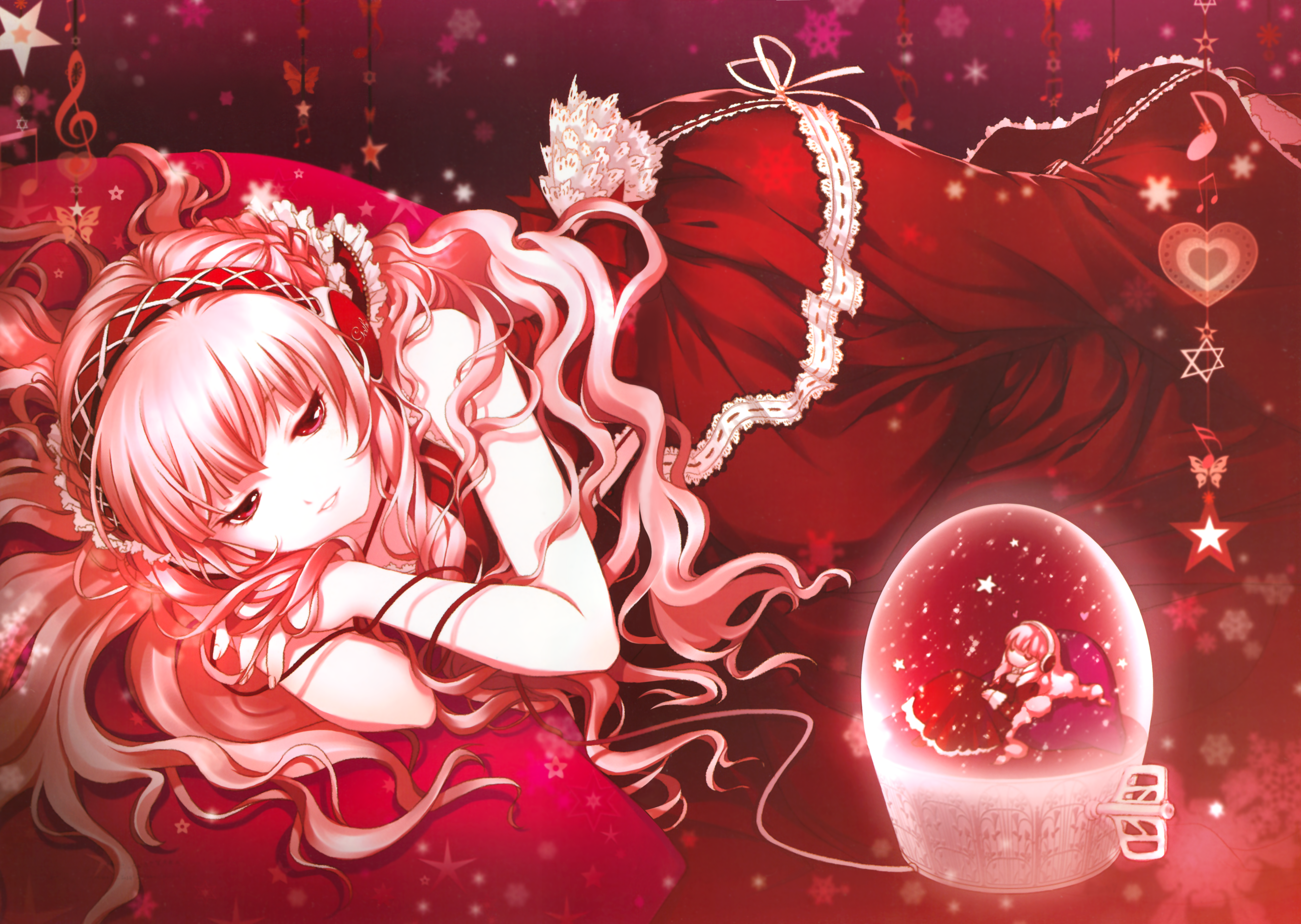 shirahane nao, megurine luka, vocaloid, absurdres, highres, huge filesize, christmas, dress, frills, headphones, long hair, lying, on side, pink hair, pink theme, red eyes, solo